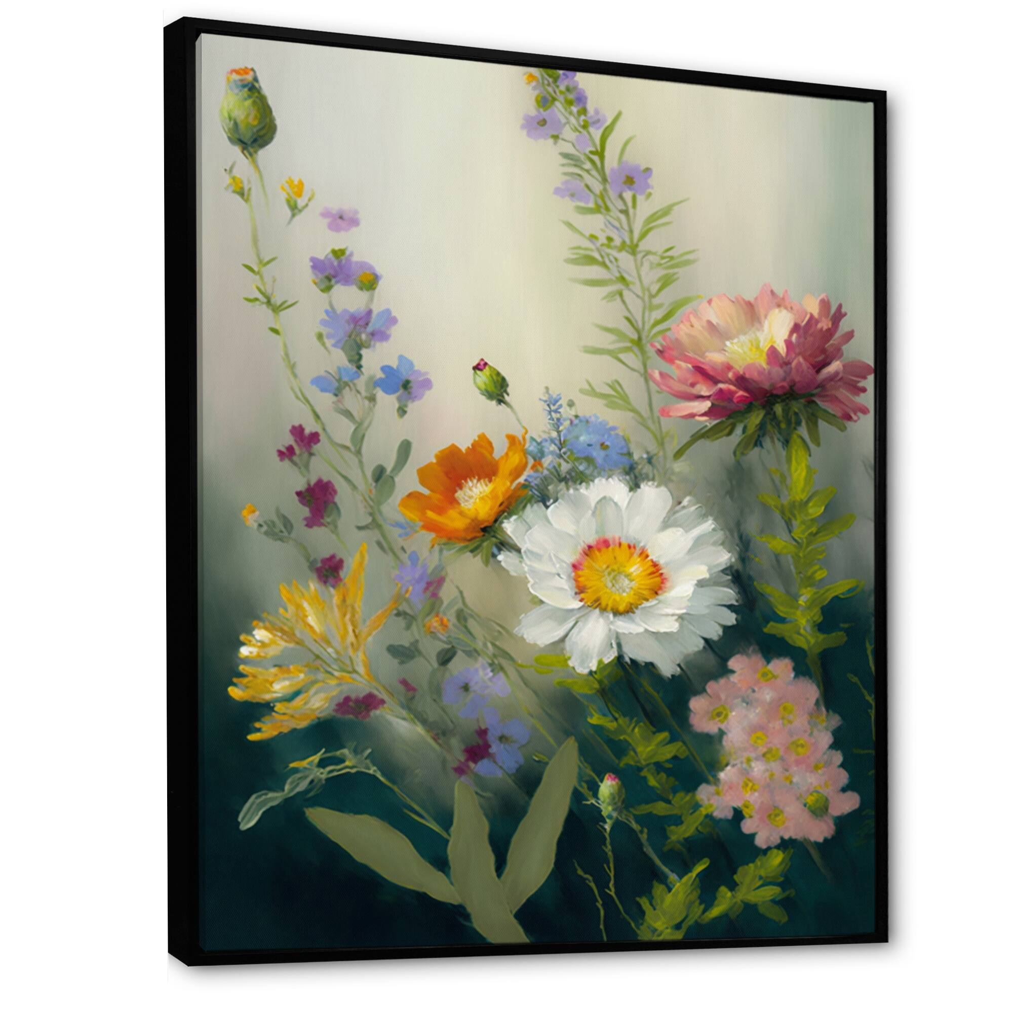 Designart "Painted Blossoming Wildflowers VI" Floral Bouquet Framed Canvas Wall Art Print Bed